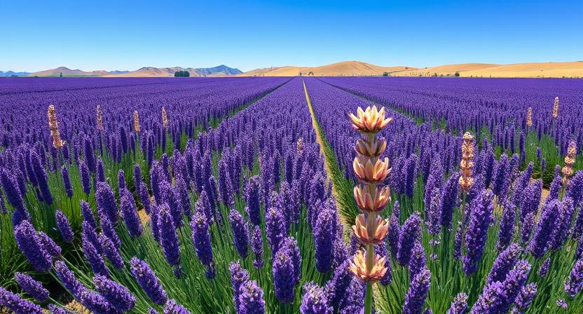 Luftaufnahme, Weitwinkel-Fotografie eines riesigen Feldes von Lavandula x intermedia, bekannt als Lavandin, in voller Blüte, das sich bis zum Horizont unter einem klaren blauen Himmel erstreckt. Die Aufnahme zeigt die üppigen, hohen Blütenähren und die lebendige violette Farbe, mit sanft geschwungenen Hügeln im Hintergrund.
