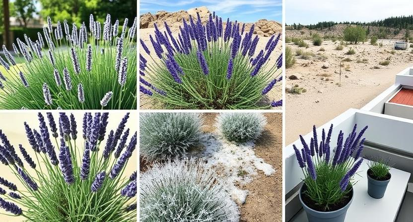 Collage aus vier quadratischen Bildern, die zeigen, wie Lavendel in verschiedenen Klimazonen gedeiht: 1) Üppig grüner Lavendel in einem feuchten, leicht schattigen Garten, 2) Trockenheitsresistente Lavendelsorte in einer trockenen, felsigen Landschaft, 3) Mit Frost bedeckte Lavendelpflanzen in einer winterlichen Gartenszene, 4) Getopfter Lavendel auf einem sonnigen Balkon in einer städtischen Umgebung — ein Beweis für seine Anpassungsfähigkeit.