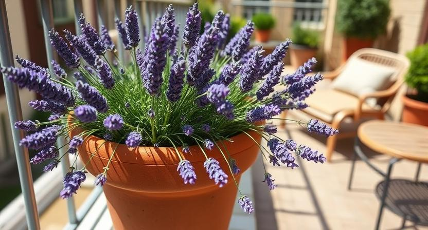 Charmante, auf Augenhöhe aufgenommene Fotografie eines Terrakottatopfs, der von blühendem Lavendel überquillt, auf einem sonnigen Balkon platziert. Im Hintergrund befindet sich eine gemütliche Sitzecke, die eine ruhige, urbane Gartenoase vermittelt.