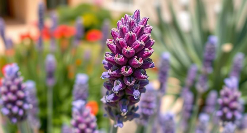 Lebendige, mittlere Aufnahme einer Lavandula stoechas, allgemein bekannt als Französischer oder Spanischer Lavendel, die den charakteristischen zapfenförmigen Blütenkopf mit leuchtend violetten Hochblättern vor einem verschwommenen mediterranen Gartenhintergrund hervorhebt