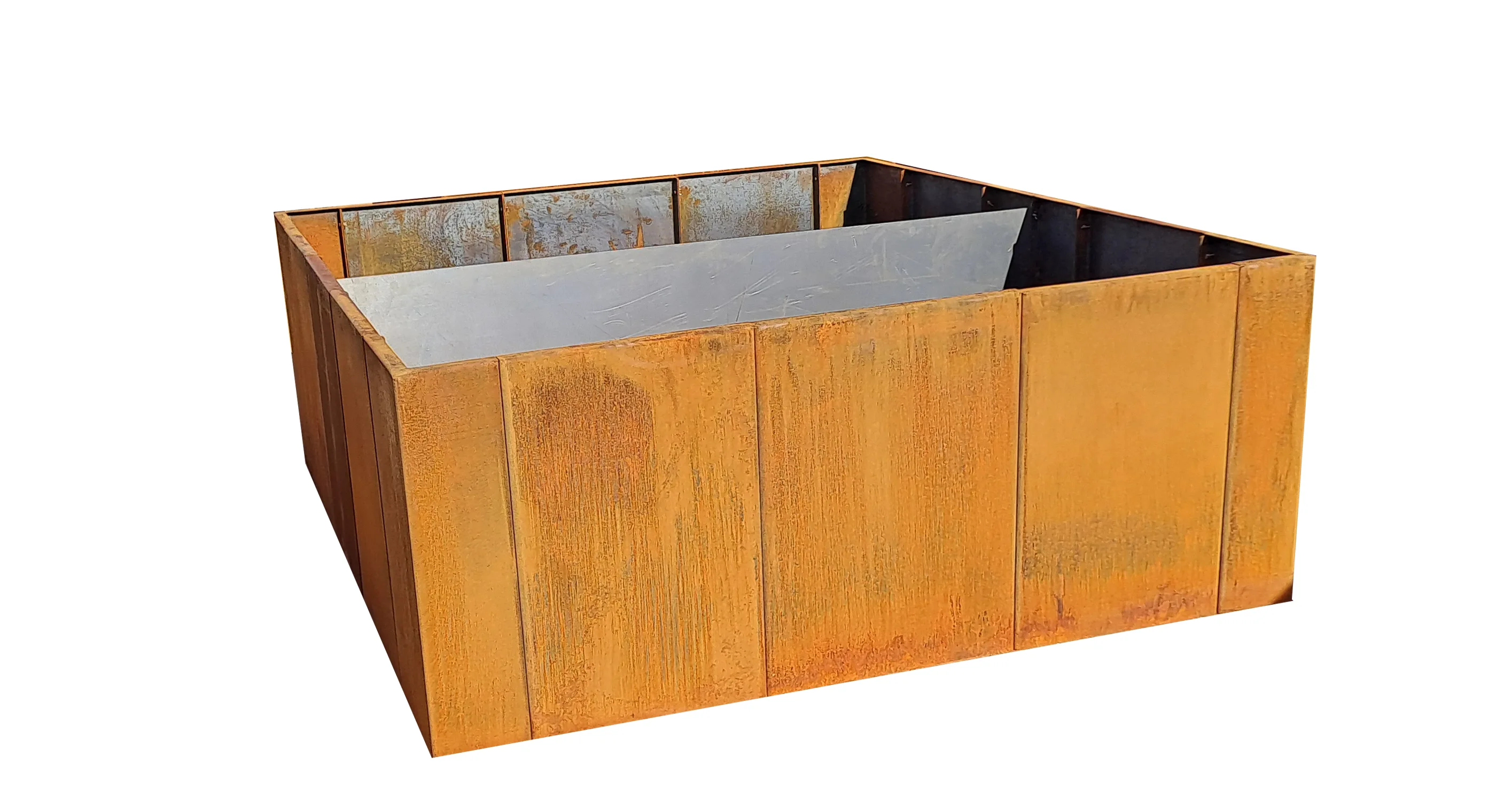 Cortenstahl Hochbeet auf 3mm starkem Cortenstahl mit integrierter Zwischenwand in der Größe 220x200cm und 80cm Höhe.Das Hochbeet hat eine umlaufende 3cm breite Innenfalz.